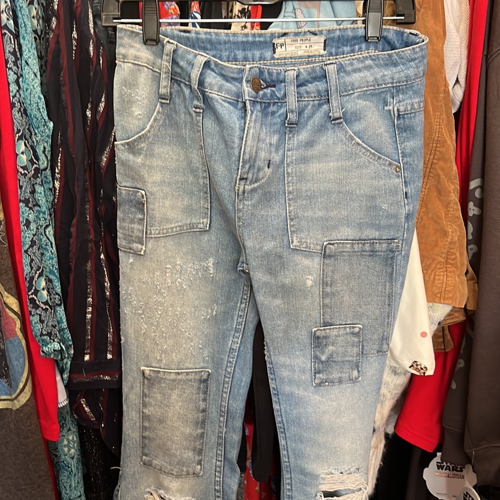 Free People Bell Bottom, Patchwork Jeans - image 2